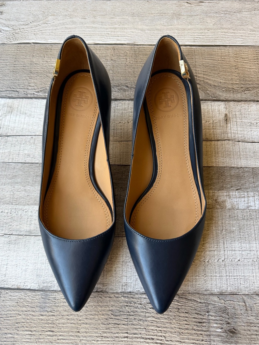 Tory Burch Navy Blue All Leather Pointed Toe Kitten Heel Pumps Size 5.5M